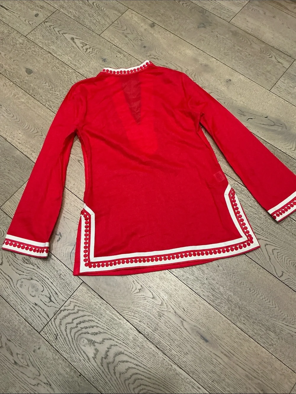 Woman’s Tory Burch red tunic top. Small. V neck. Side zipper. Barely worn! Cute!